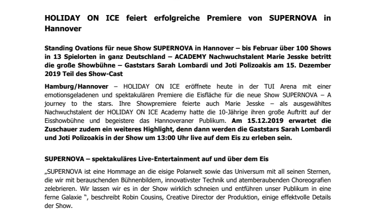 HOLIDAY ON ICE feiert erfolgreiche Premiere von SUPERNOVA in Hannover