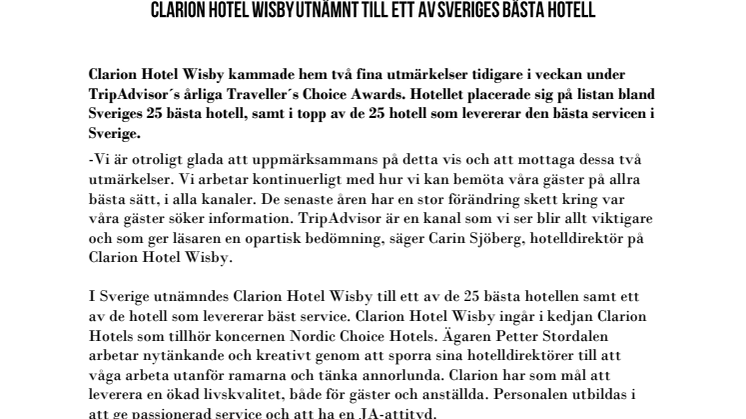 Clarion Hotel Wisby utnämnt till ett av Sveriges bästa hotell