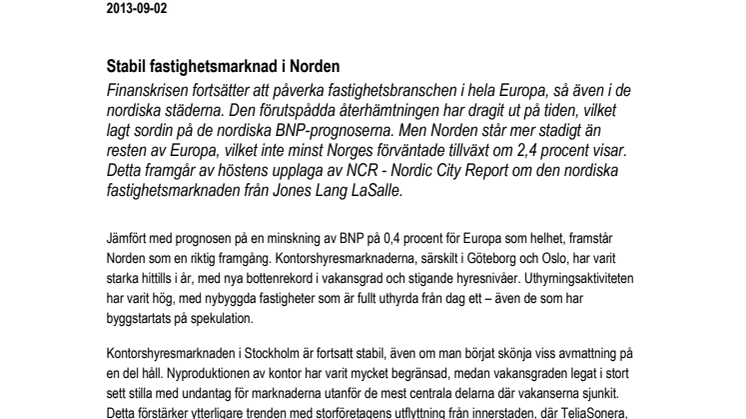 Stabil fastighetsmarknad i Norden 
