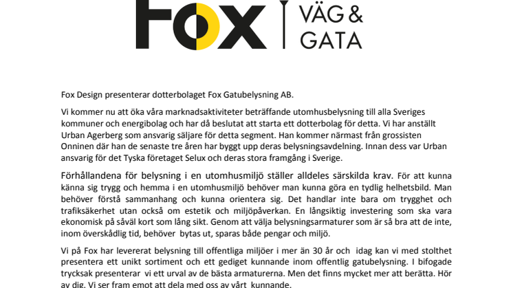 Fox Design AB dotterbolag Fox Gatubelysning AB