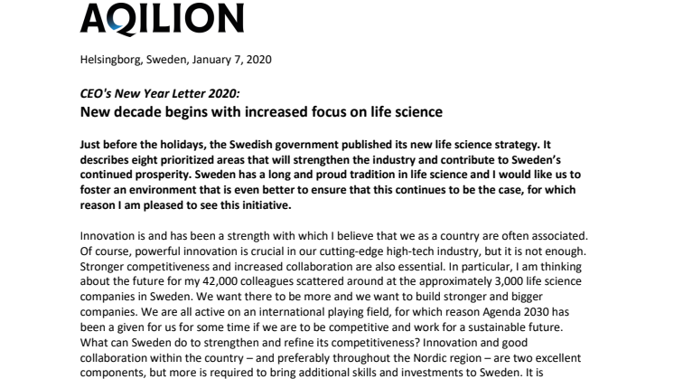 CEO's New Year Letter 2020: New decade begins with increased focus on life science