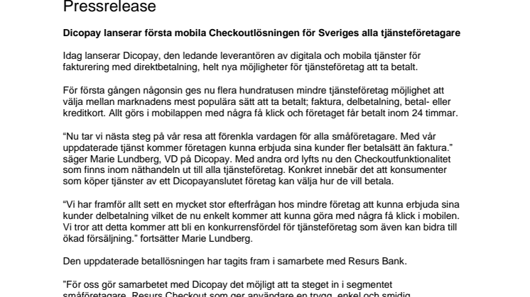 Dicopay lanserar första mobila Checkoutlösningen för Sveriges alla tjänsteföretagare