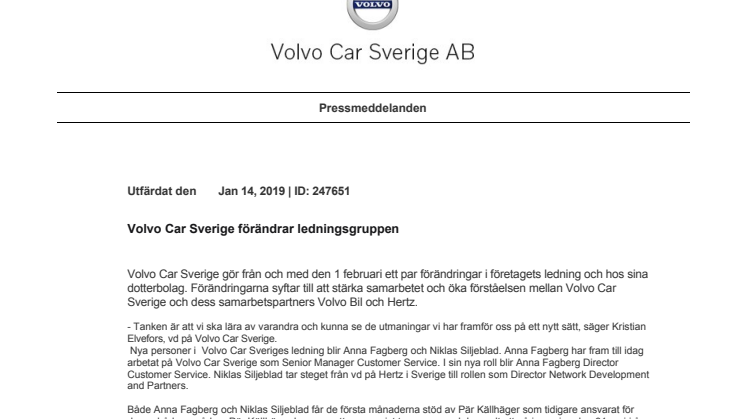 Volvo Car Sverige förändrar ledningsgruppen