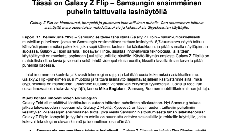 Tässä on Galaxy Z Flip – Samsungin ensimmäinen puhelin taittuvalla lasinäytöllä