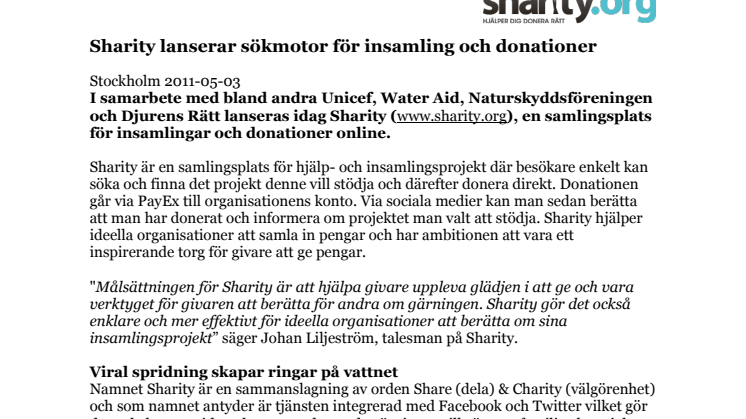Sharity lanserar sökmotor för insamling och donationer