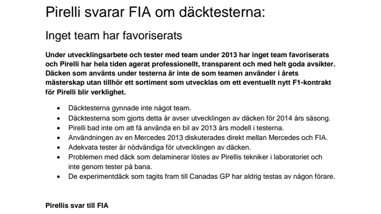 Pirelli svarar FIA om däcktesterna: Inget team har favoriserats