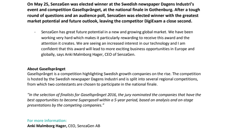 SenzaGen wins DI’s Gasellsprånget – most promising company to become Supergasell within 5 years