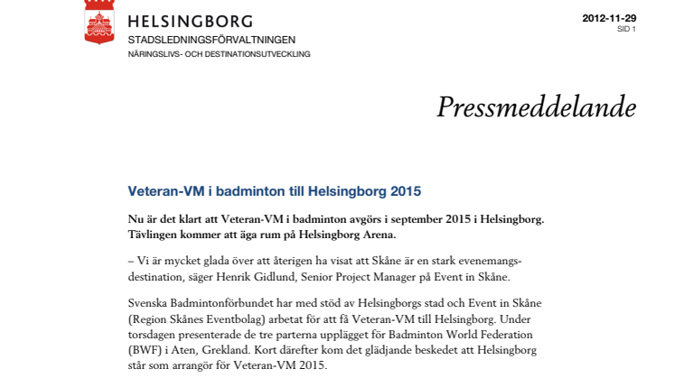 Veteran-VM i badminton till Helsingborg 2015