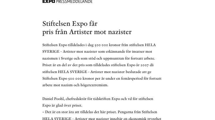 Stiftelsen Expo får pris från Artister mot nazister