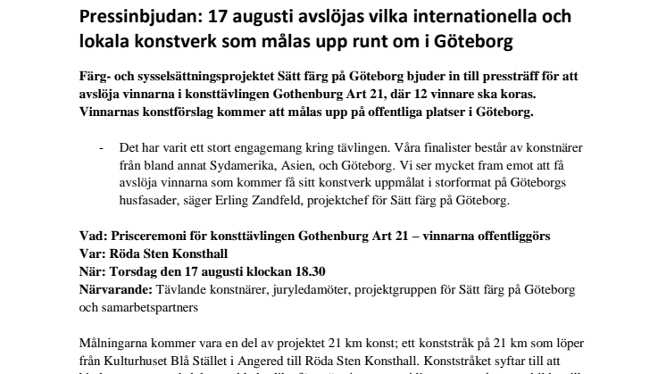 Pressinbjudan: 17 augusti avslöjas vilka internationella och lokala konstverk som målas upp  i Göteborg 