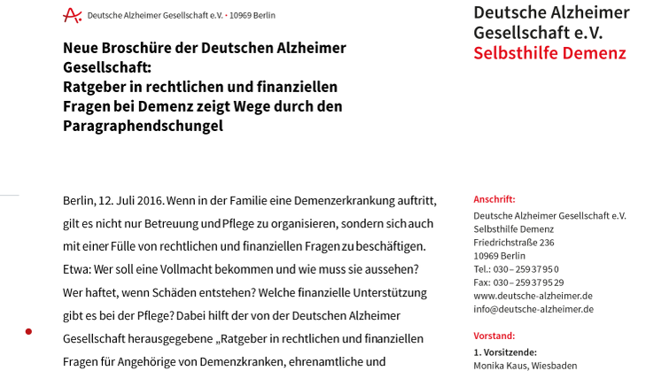 Neue Broschüre der Deutschen Alzheimer Gesellschaft: Ratgeber in rechtlichen und finanziellen Fragen bei Demenz zeigt Wege durch den Paragraphendschungel