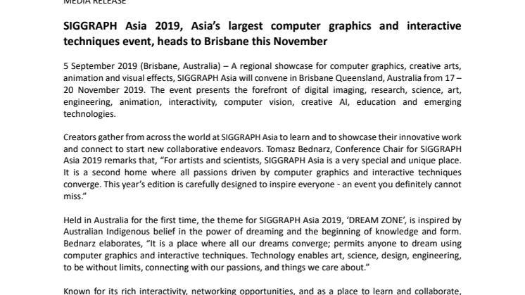 SIGGRAPH Asia 2019, Asia’s largest computer graphics and interactive techniques event, heads to Brisbane this November