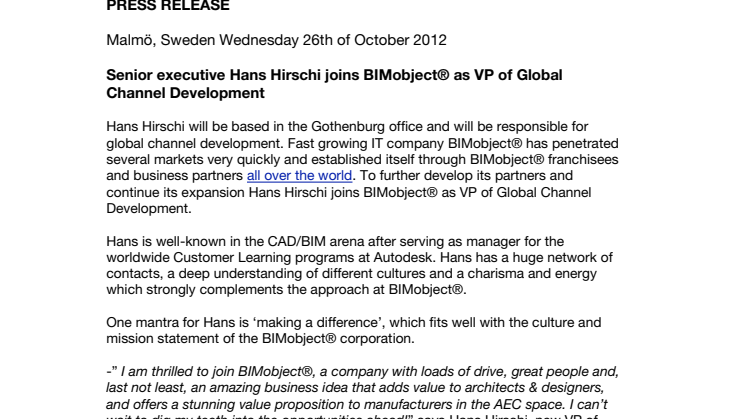 Senior executive Hans Hirschi joins BIMobject® as VP of Global Channel Development
