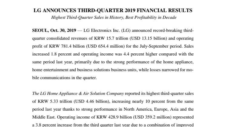 LG ANNOUNCES THIRD-QUARTER 2019 FINANCIAL RESULTS