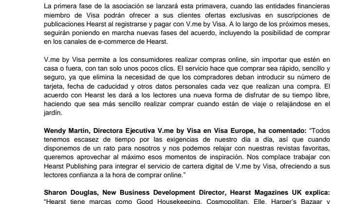 Visa Europe y Hearst Magazines UK anuncian una innovadora asociación para integrar la cartera digital V.me by Visa 