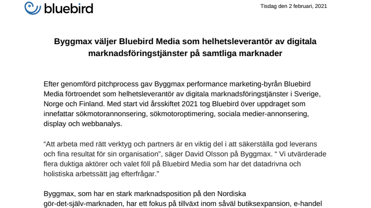 Byggmax väljer Bluebird Media som helhetsleverantör av digitala marknadsföringstjänster på samtliga marknader