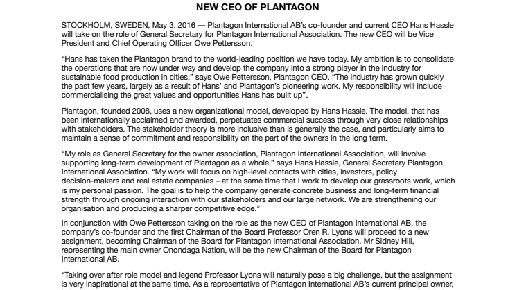 NEW CEO OF PLANTAGON
