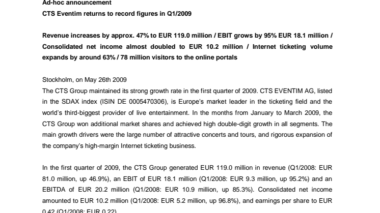 CTS Eventim returns to record figures in Q1/2009