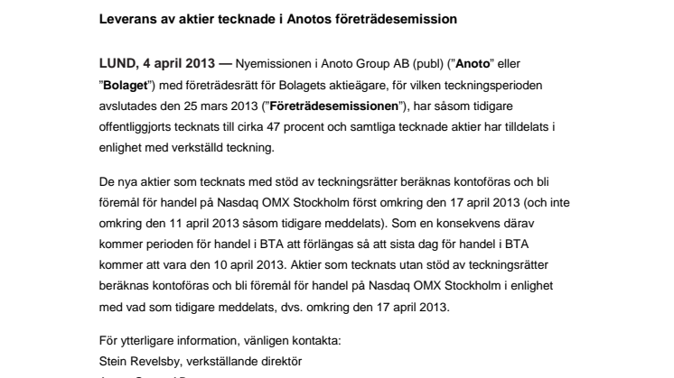 Leverans av aktier tecknade i Anotos företrädesemission