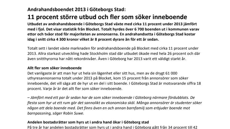 Andrahandsboendet 2013 i Göteborgs Stad: 11 procent större utbud och fler som söker inneboende
