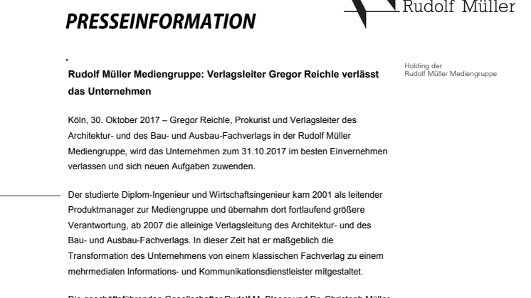 Rudolf Müller Mediengruppe: Verlagsleiter Gregor Reichle verlässt das Unternehmen