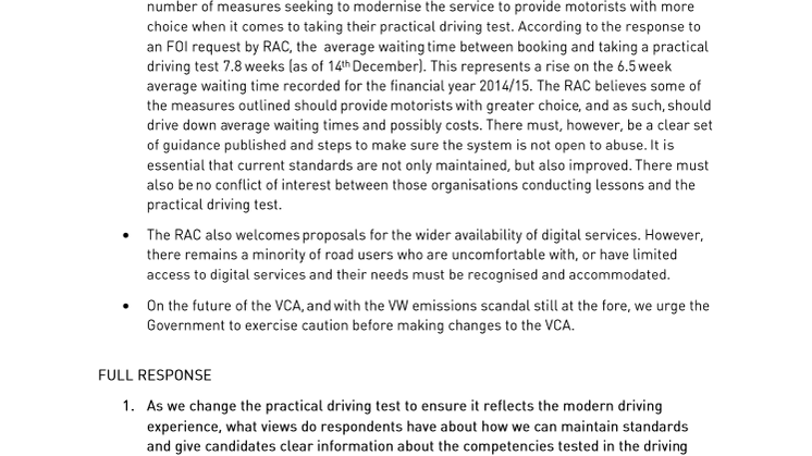 RAC Response to DfT Motoring Services Consultation