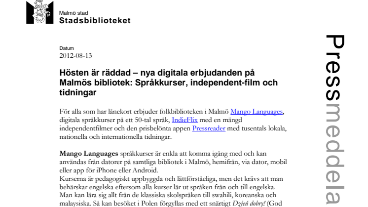 Nya digitala erbjudanden på Malmös bibliotek: Språkkurser, independent-film och tidningar