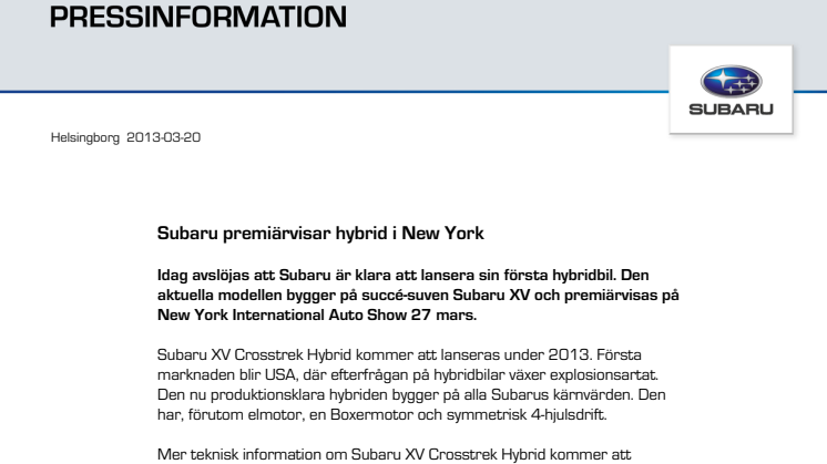 Subaru premiärvisar hybrid i New York