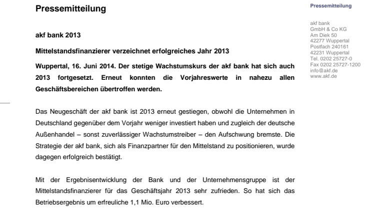 akf bank 2013 verzeichnet erfolgreiches Jahr 2013