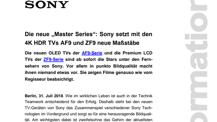 Die neue „Master Series“: Sony setzt mit den  4K HDR TVs AF9 und ZF9 neue Maßstäbe