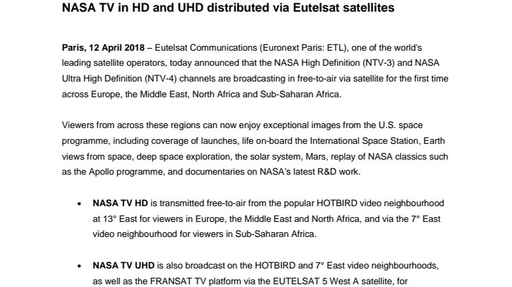 NASA TV HD and NASA TV UHD distributed on Eutelsat satellites
