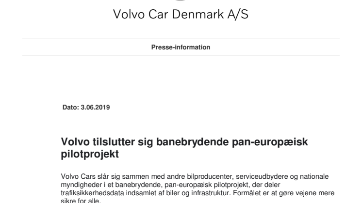 Volvo tilslutter sig banebrydende pan-europæisk pilotprojekt