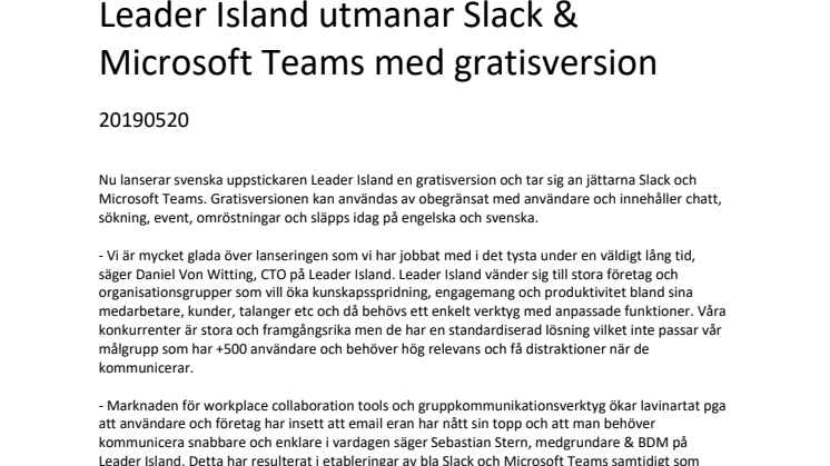 Leader Island utmanar Slack & Microsoft Teams med gratisversion
