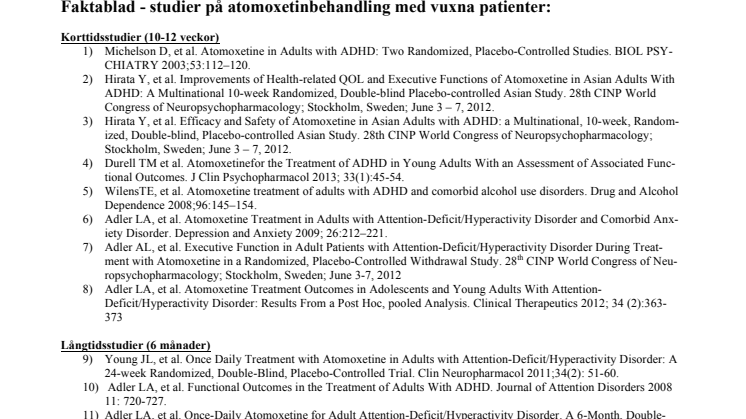 Faktablad - studier på atomoxetinbehandling med vuxna patienter