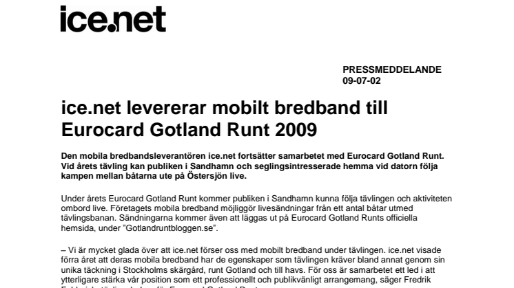 ice.net levererar mobilt bredband till Eurocard Gotland Runt 2009 