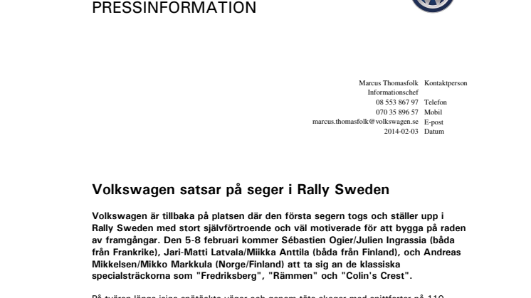 Volkswagen satsar på seger i Rally Sweden
