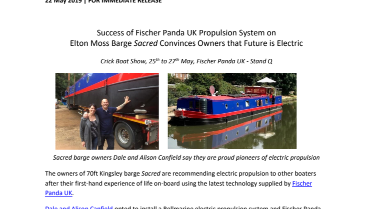 Crick Boat Show: Success of Fischer Panda UK Propulsion System on Elton Moss Barge Sacred Convinces Owners that Future is Electric