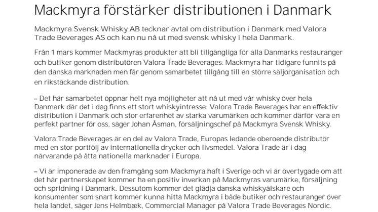 Mackmyra förstärker distributionen i Danmark
