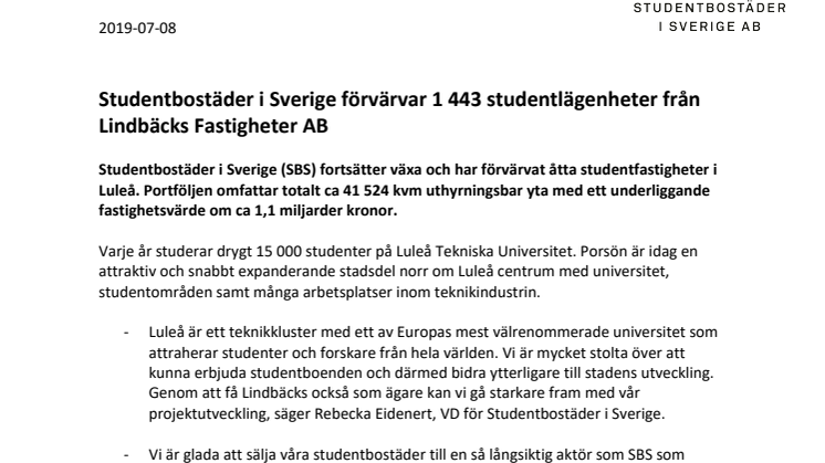 Studentbostäder i Sverige förvärvar 1443 studentlägenheter från Lindbäcks Fastigheter AB