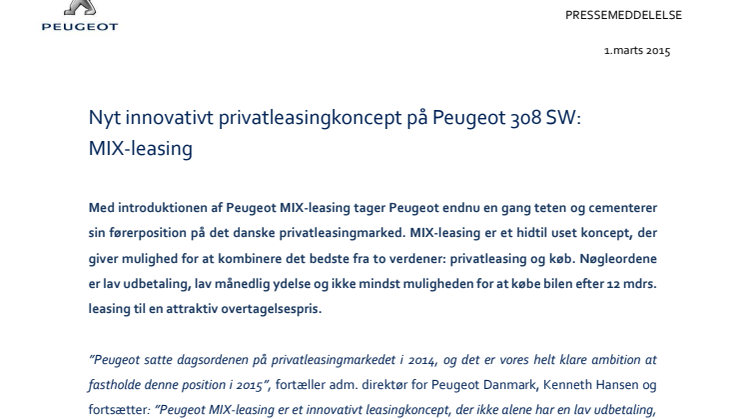 Nyt innovativt privatleasingkoncept              på Peugeot 308 SW: MIX-leasing