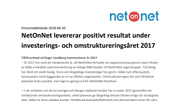 NetOnNet levererar positivt resultat under investerings- och omstruktureringsåret 2017