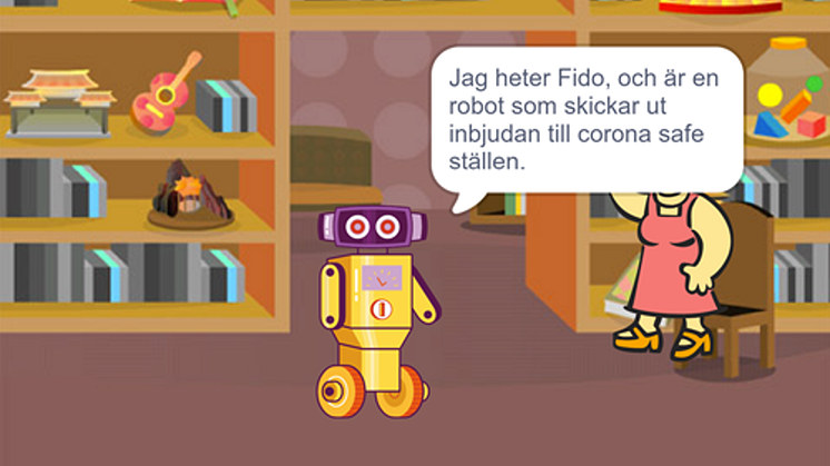 Det vinnande bidraget med roboten Fido som stödjer ett coronasäkert samhälle.