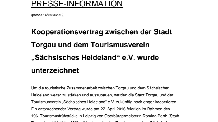 Kooperationsvertrag zwischen der Stadt Torgau und dem Tourismusverein „Sächsisches Heideland“ e.V. wurde unterzeichnet
