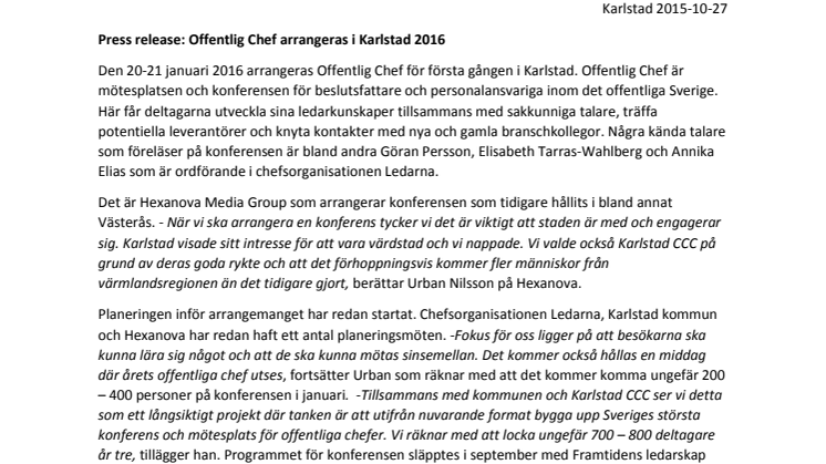Offentlig Chef arrangeras i Karlstad 2016