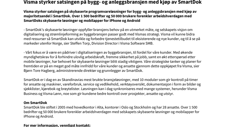  Visma styrker satsingen på bygg- og anleggsbransjen med kjøp av SmartDok