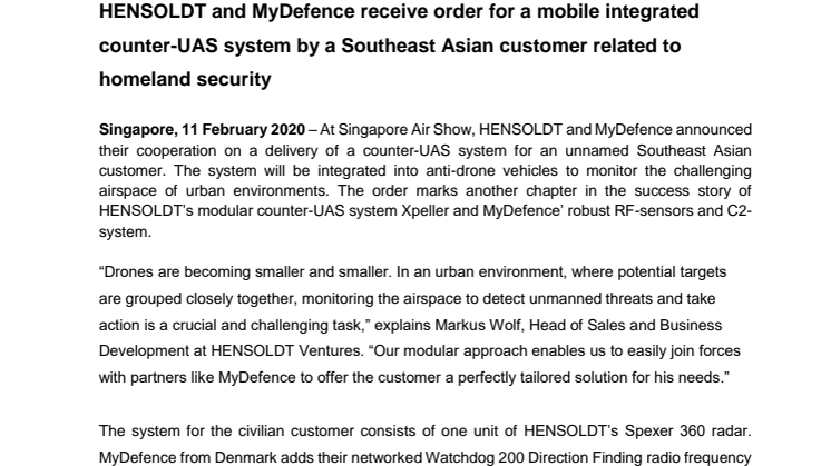 HENSOLDT and MyDefence Deliver Counter-UAV Systems to SE Asian Customer