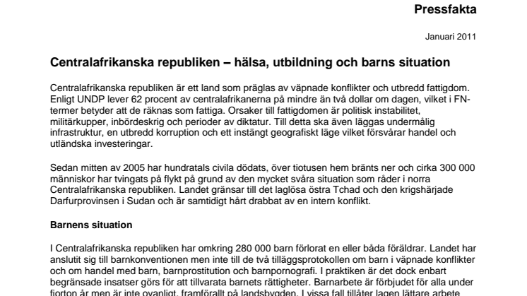 Pressfakta: Centralafrikanska republiken - hälsa, utbildning och barns situation