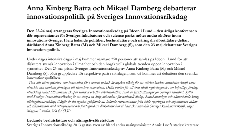 Anna Kinberg Batra och Mikael Damberg debatterar innovationspolitik på Sveriges Innovationsriksdag