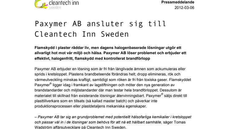 Paxymer AB ansluter sig till Cleantech Inn Sweden