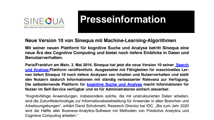 Neue Version 10 von Sinequa mit Machine-Learning-Algorithmen